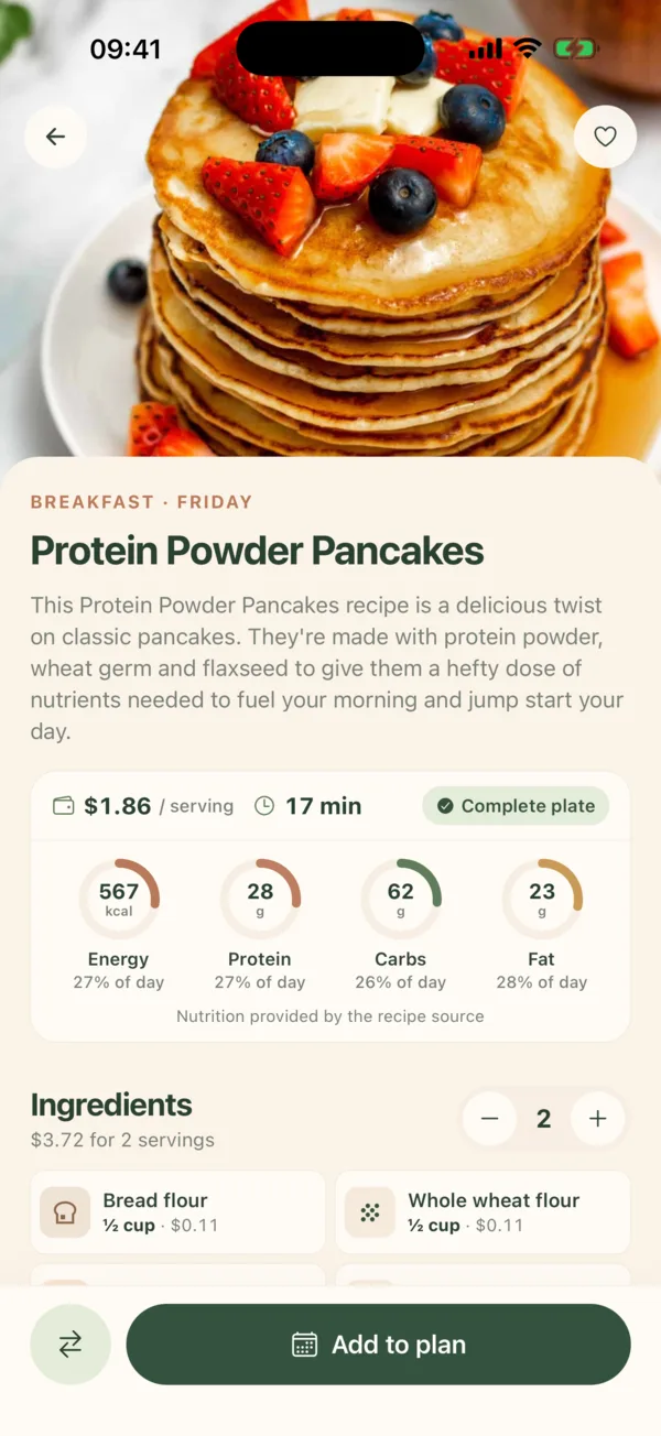 A recipe in IKTI with its cost per serving, time and nutrition